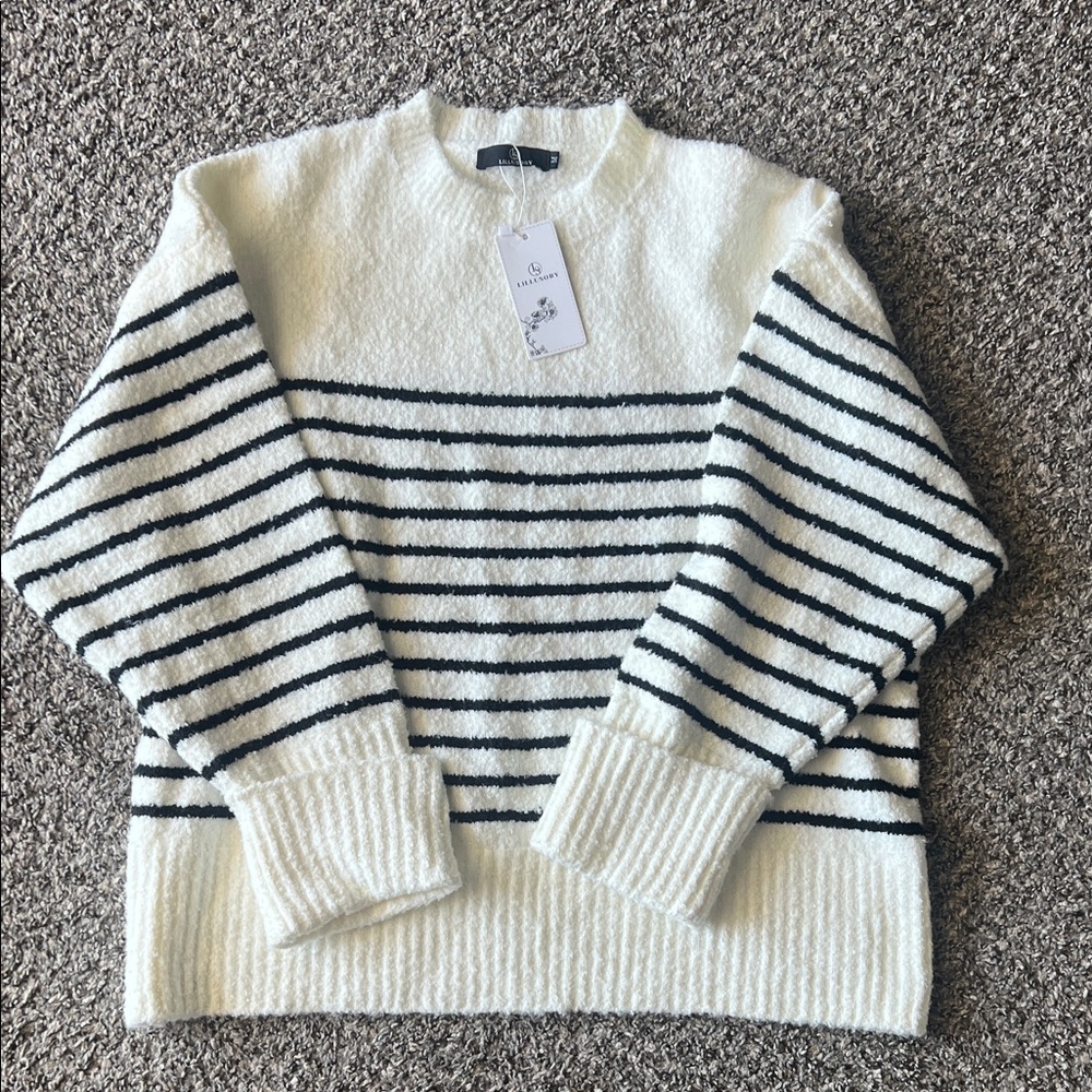 Charming Charlie Cream & Black Striped Crewneck Sweater